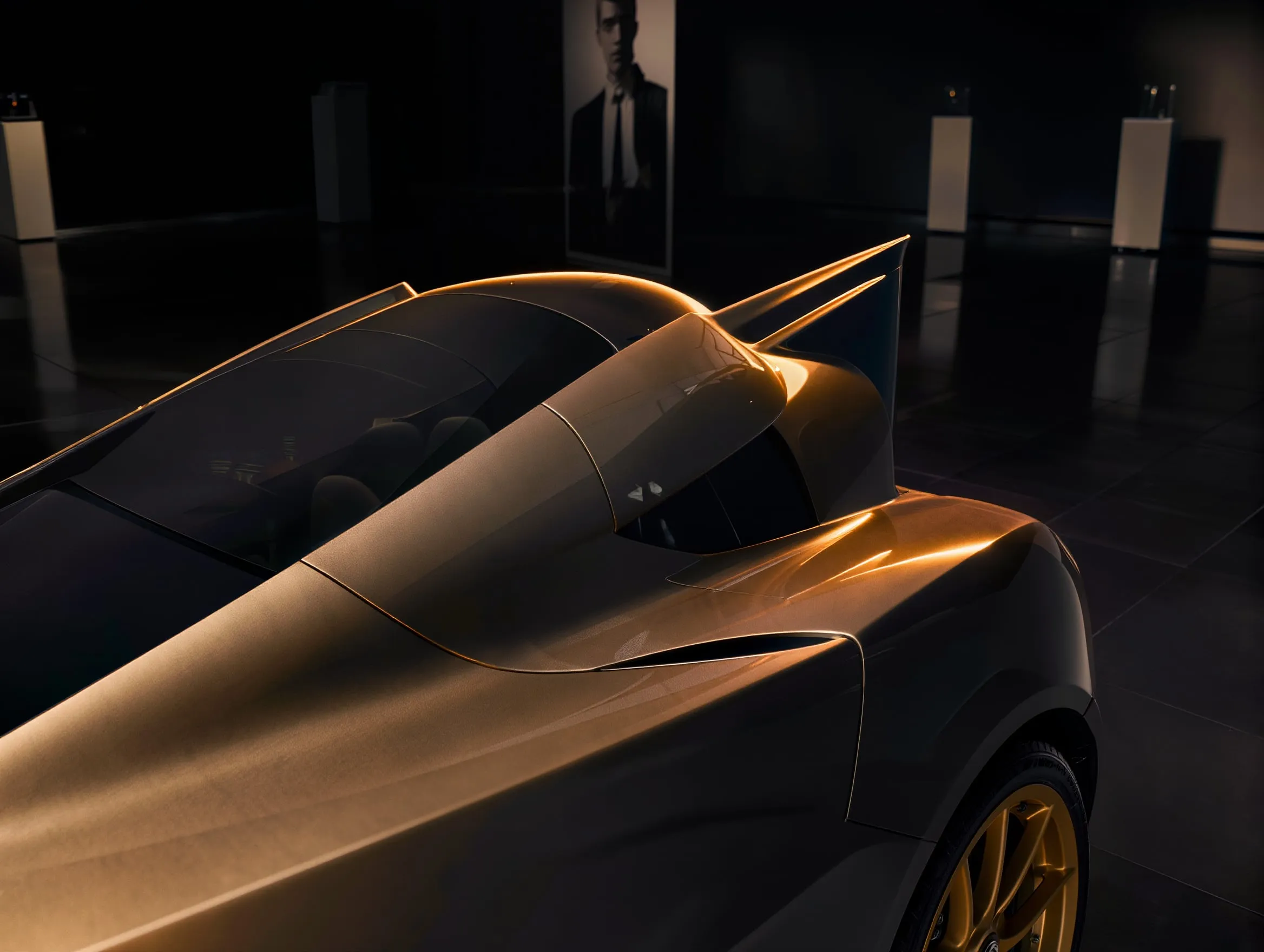 Sculpted bodywork of a performance vehicle in low light