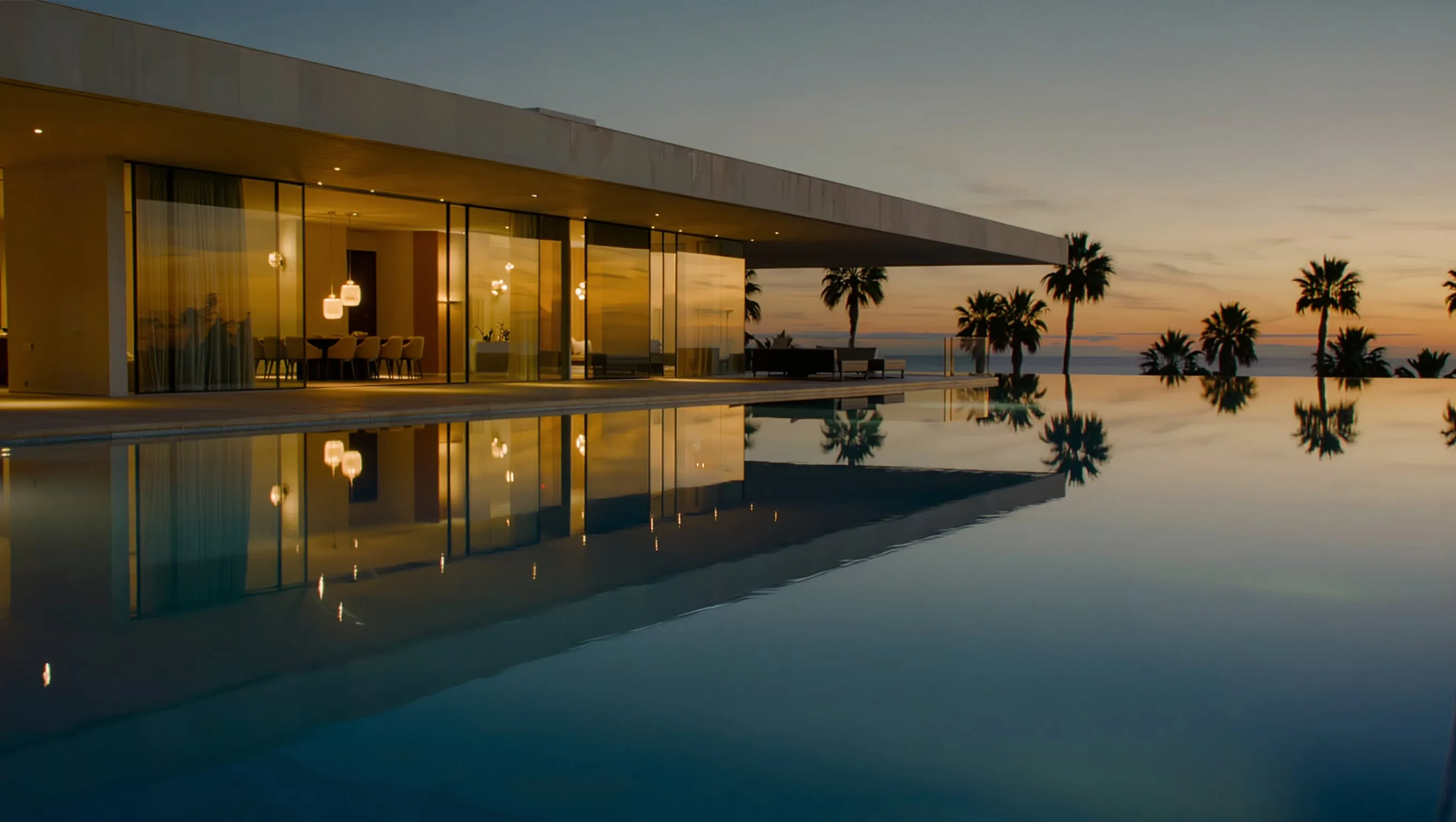 Private waterfront residence illuminated in the evening