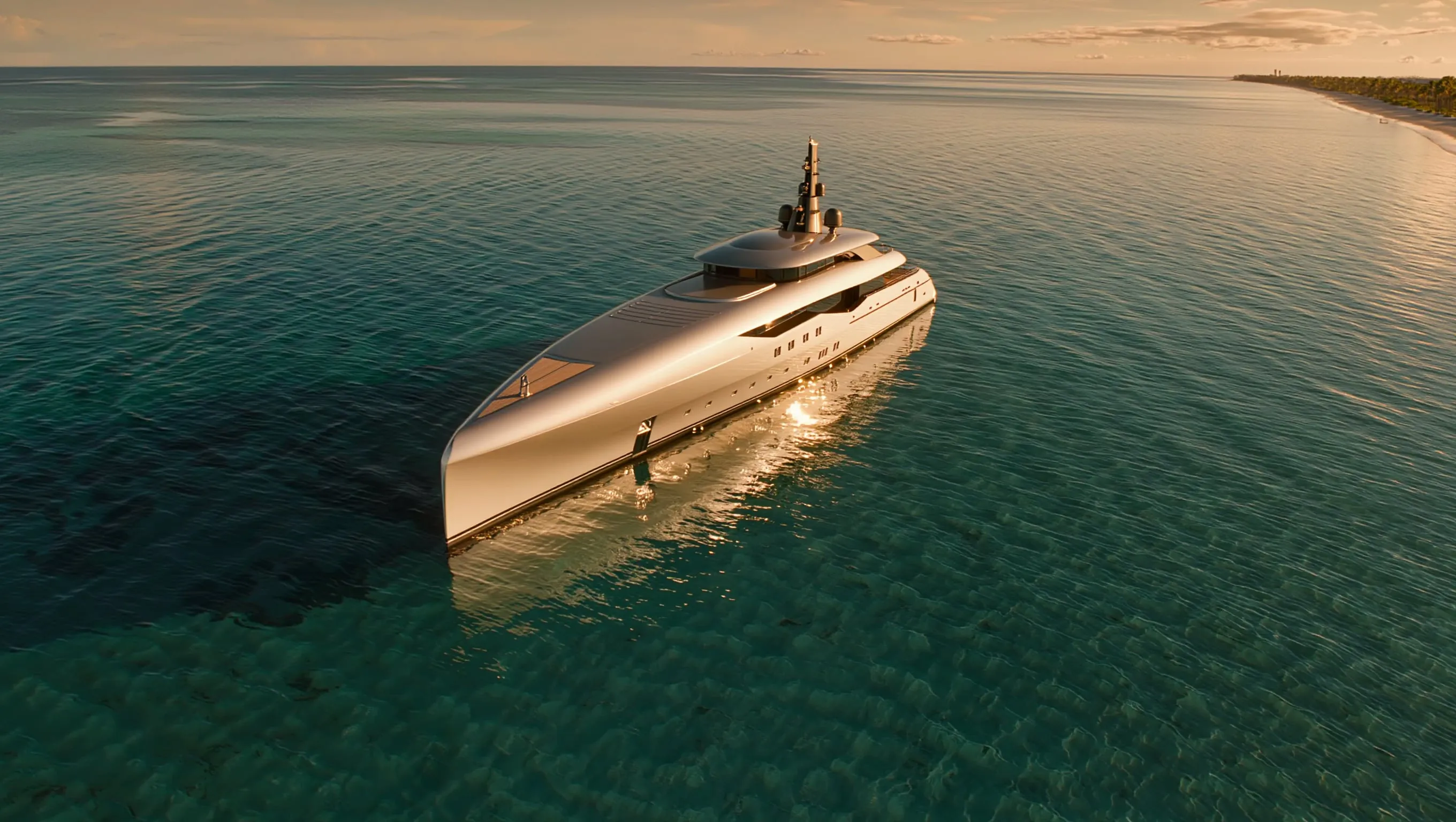 Private charter yacht on dark open water at dusk