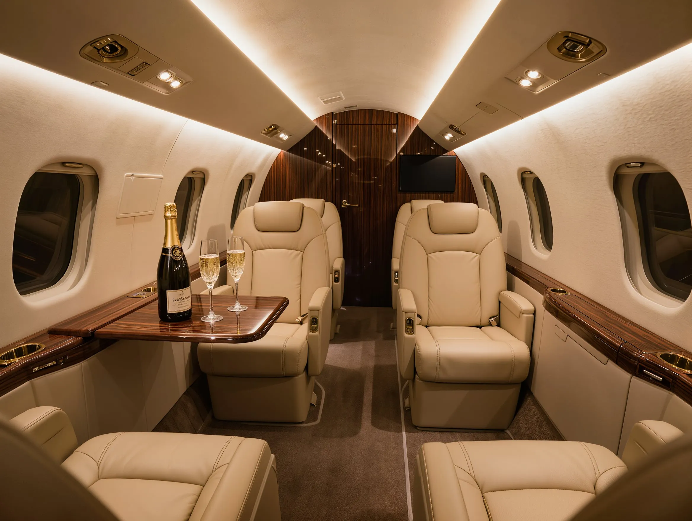 Leather cabin interior of a private aircraft