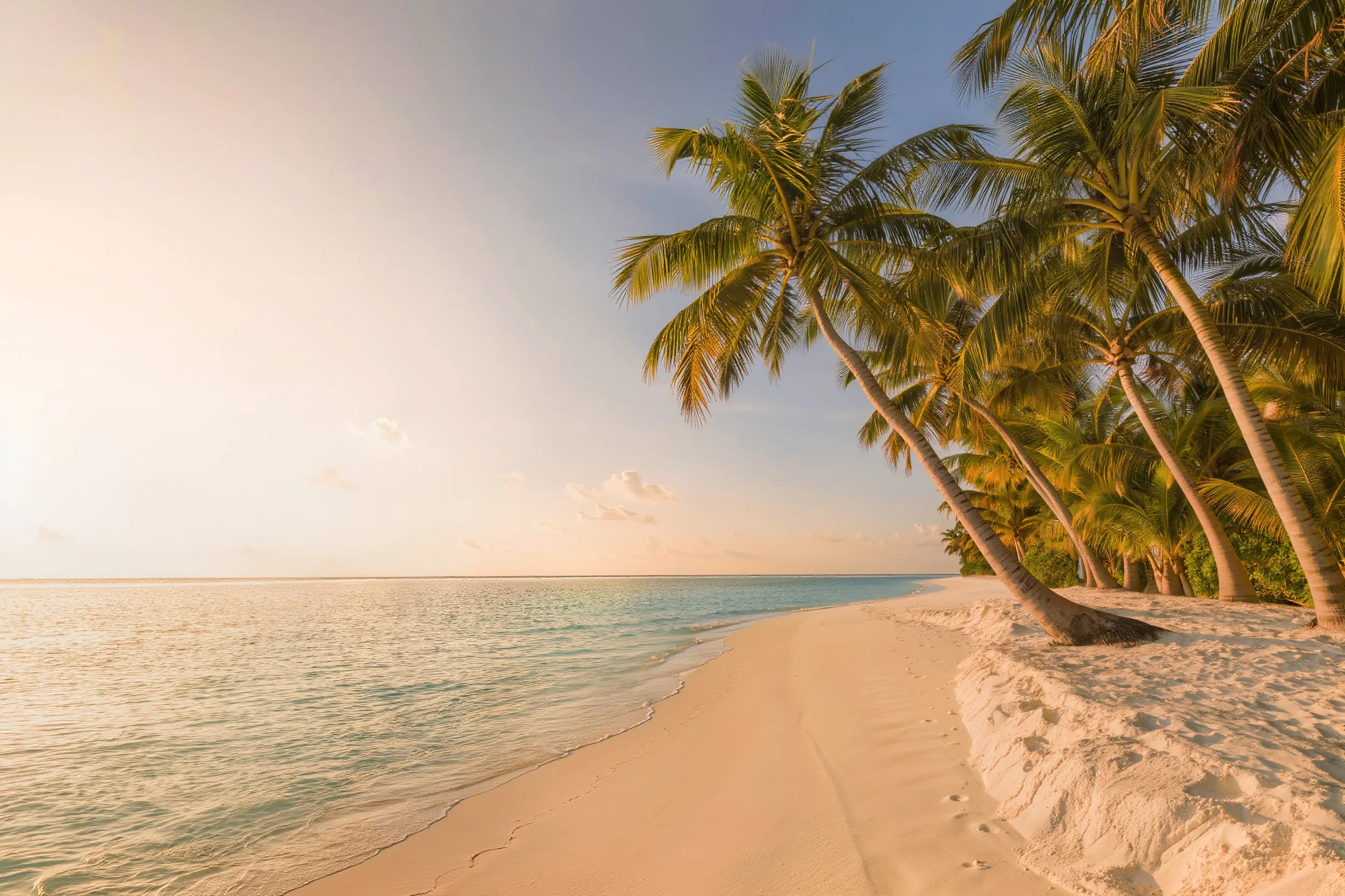 Quiet white-sand shoreline at dusk