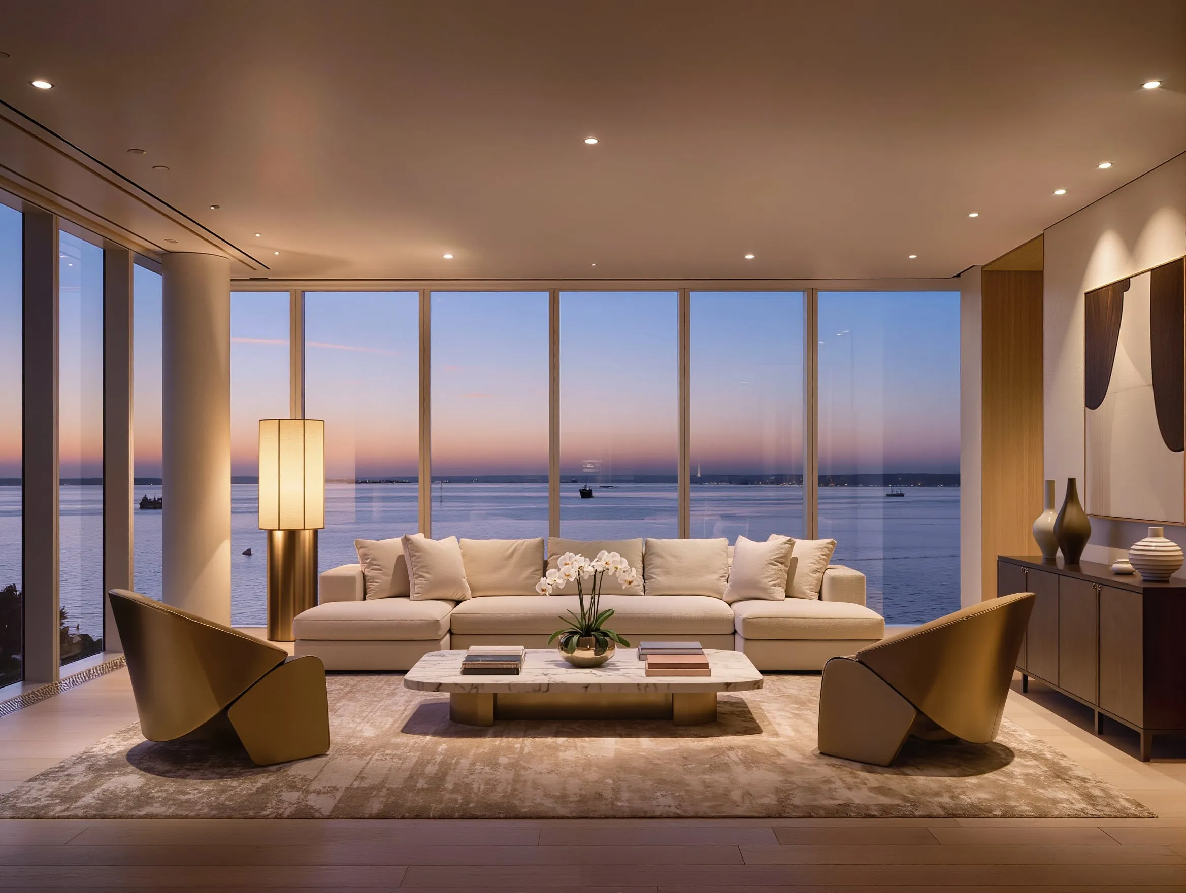 Waterfront private residence lit in the evening